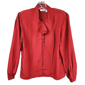 Essentials IQ Satin Button-Up Top Size 10 Ruffled Long Sleeve Size Red